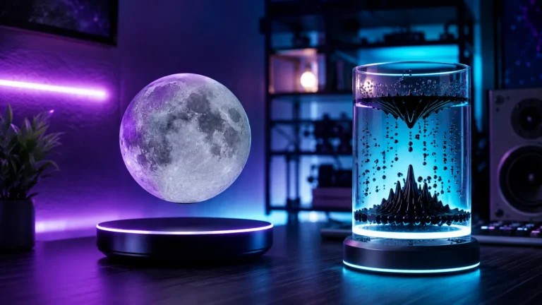 Levitating galaxy moon lamp glowing with vibrant purple and blue light hovering over a wooden base as a futuristic room gadget.