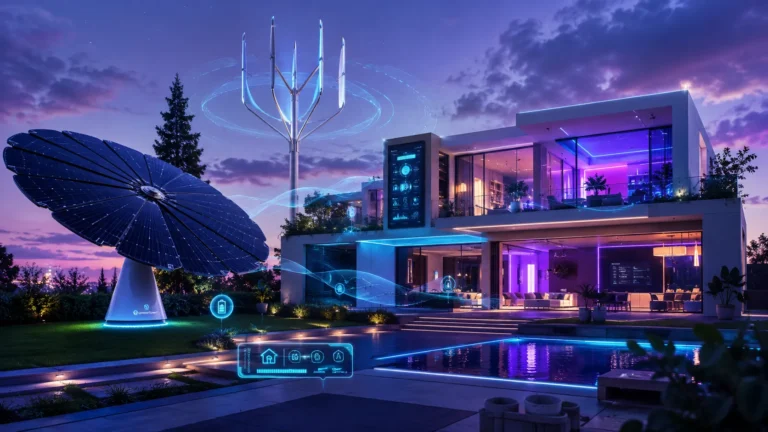 Futuristic home energy innovations including wireless power, Smartflower solar, and Wind Tree technology