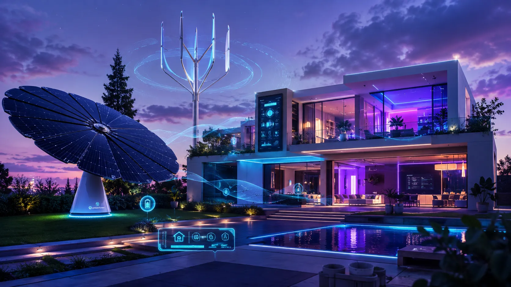 Futuristic home energy innovations including wireless power, Smartflower solar, and Wind Tree technology