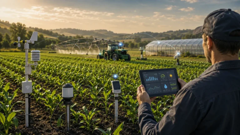 Smart farming IoT sensors monitoring crops and soil in a modern farm