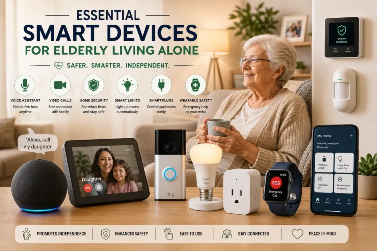 Smart devices for elderly living alone including smart speaker, smart lights, doorbell and security system
