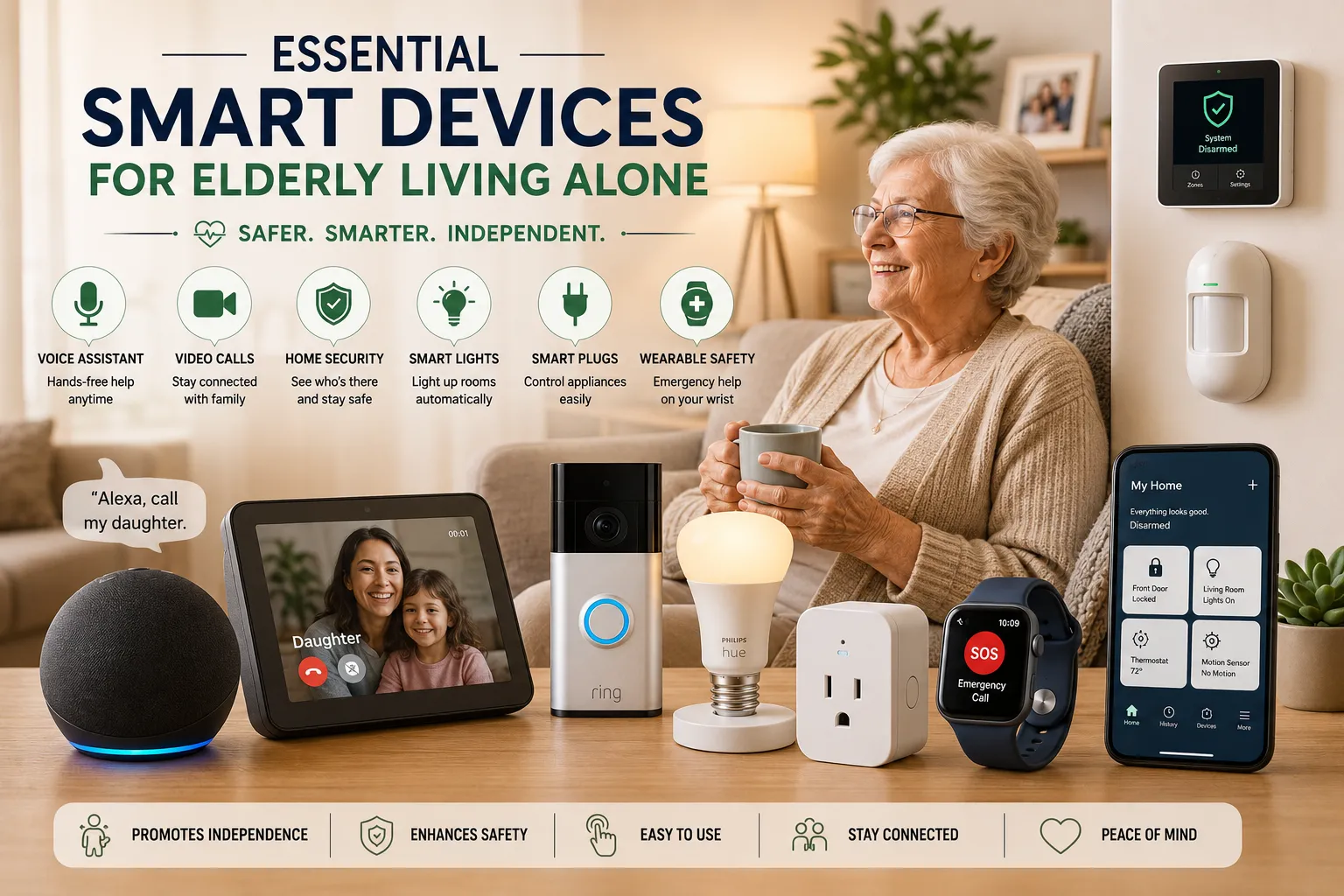 Smart devices for elderly living alone including smart speaker, smart lights, doorbell and security system