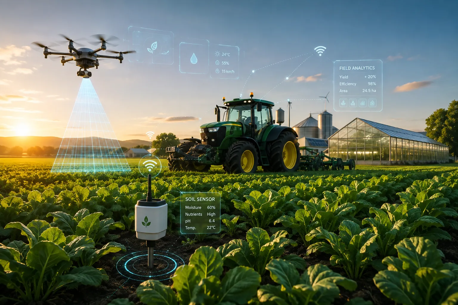 Smart farming technology using AI, agricultural drones, IoT sensors, and precision farming